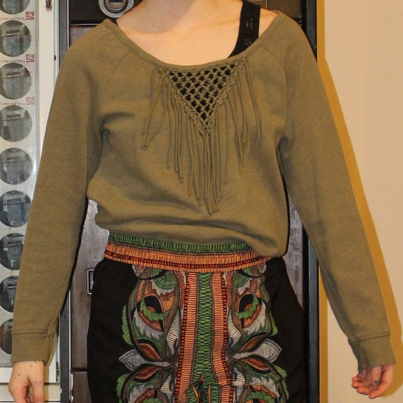 Forest Green Fringe Knot Off the Shoulder Pullover - Picture 1 of 6